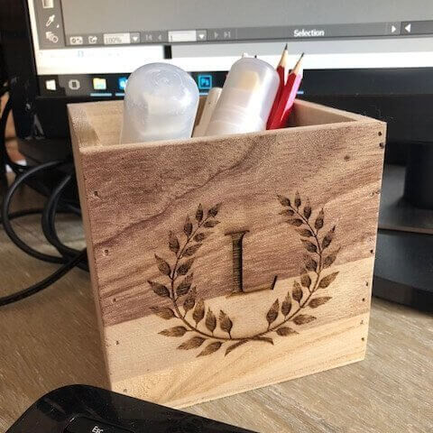 small personalised wooden box with pens